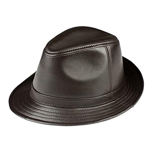 Leather Hat Black Fedora Hat Men Genuine Leather Jazz Cap Autumn Winter British Casual Wide Brim(Dark Brown,XXL(59-60cm))