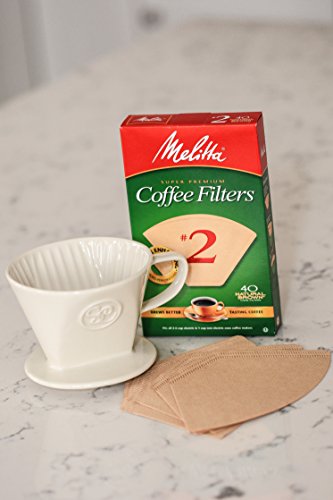 Simply Charmed Ceramic Pour Over Coffee Maker with 40 Count Melitta Filters - Elegant Single Serve Coffee Dripper for Rich Brewed Pour Over Coffee - Base Measures 4", Height 3" - Brews 8-16 oz
