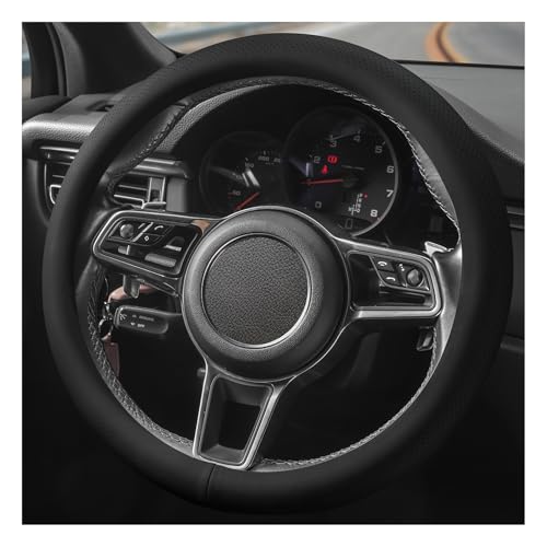 SthExtra Genuine Leather Steering Wheel Cover for Men Women with Upgraded Silicone Inner Ring, Thin, Non-Slip, Breathable, Odorless, Universal 14.5-15 Inch (Pure Black, Genuine Leather)
