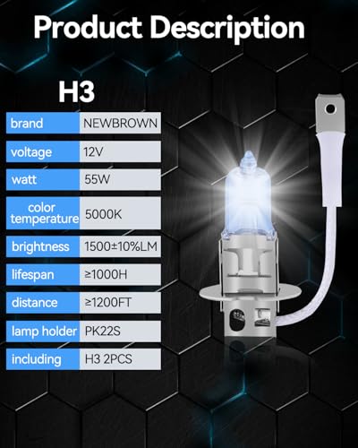 Image of NEWBROWN H3 Headlight Bulb H3 Fog Light Bulb5000K Super White Light Long Life Replacement PK22S 12V /55W (H3, 2 Pack)