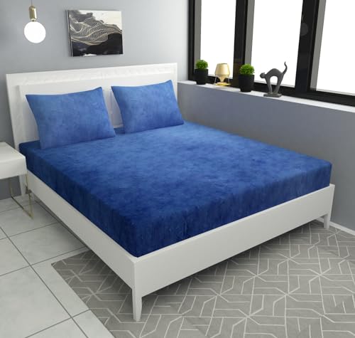 Image of Sands Flannel 300 TC Luxurious Bedsheets for Winter, King Size Fitted Warm Double Bedsheet, 72 x 78 x 10 inches, with 2 Pillow Covers (Blue)