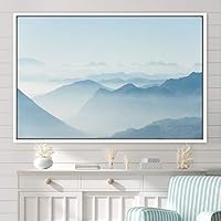 Framed Canvas Wall Art Blue Sunset Abstract Aerial Colorful Digital Art Landscape Minimalist Mountain Top Multicolor - 16x24 inches
