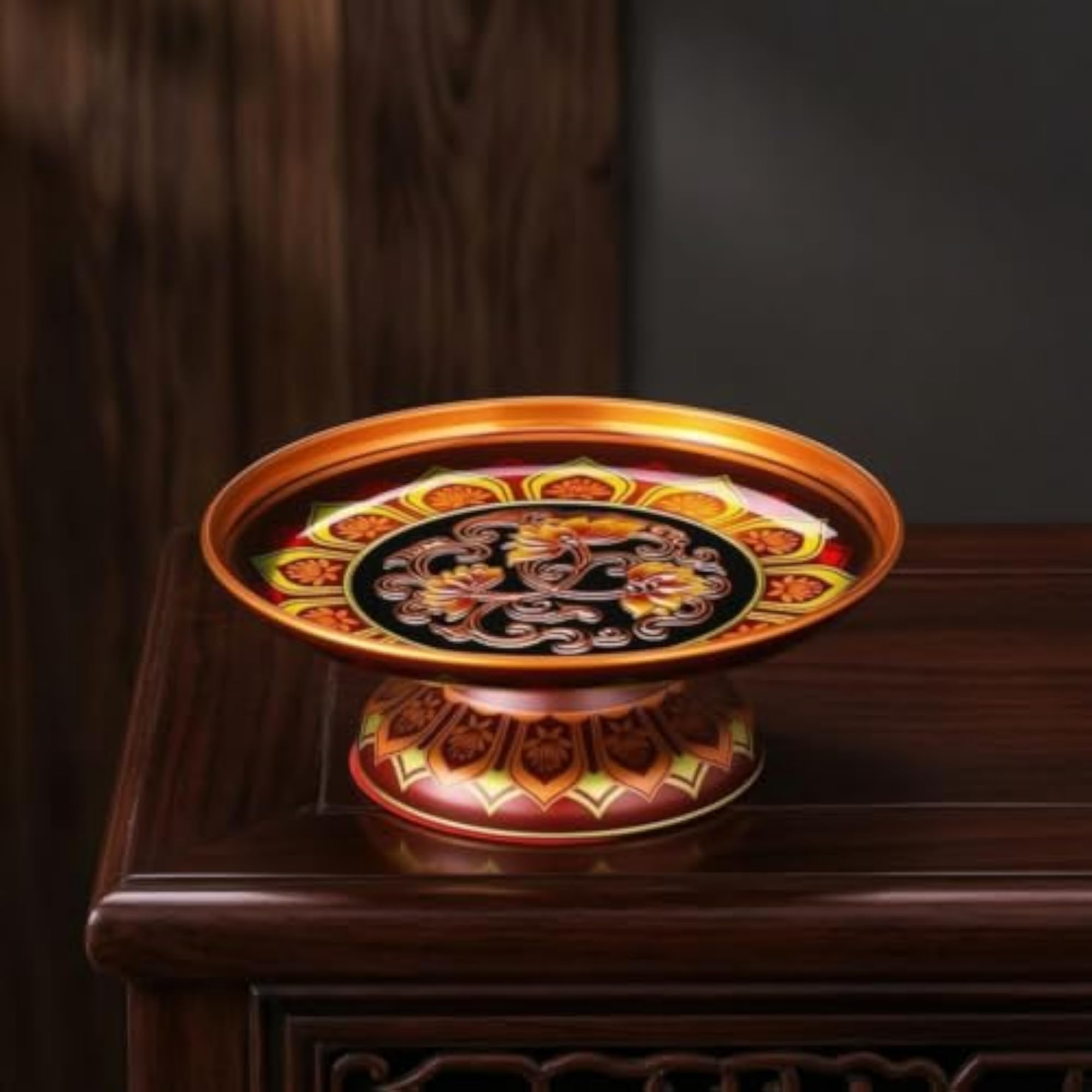 Alloy Fruit Offering Plate with Pedestal, Decorative Altar Tray