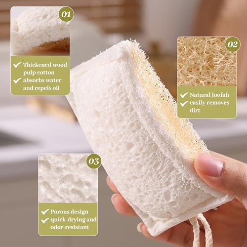Image of JOYMOOP Compressed Cellulose & Loofah Scrubbers, Non-Scratch Scrub Sponge, Kitchen Sponges for Dishes, 24-Pack, Dual-Sided Dish Sponge for Nonstick Cookware & All Surfaces