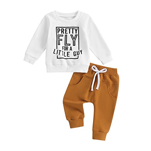 Image of Toddler Baby Boy Fall Outfit Crewneck Long Sleeve Sweatshirt Tops Elastic Pants Jogger Cute Newborn Winter Clolthes Set (White, 0-6 Months)