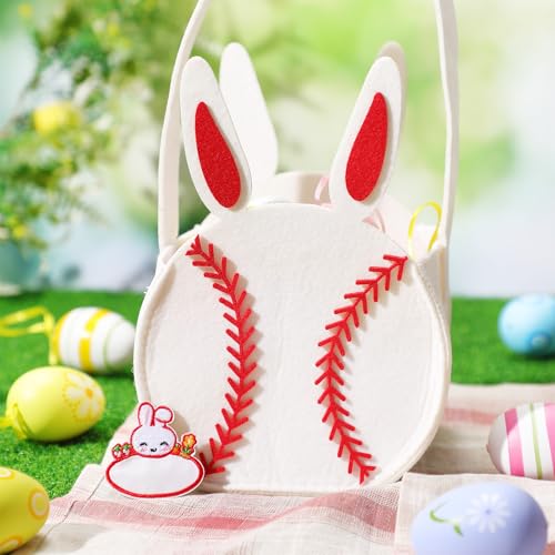 Image of Abbylike Easter Baseball Bag with Name Stickers Small Easter Candy Gift Bag Egg Hunt Bunny Baskets Rabbit Ear Baseball Bag Decoration for Kids Baby Shower Boys and Girls