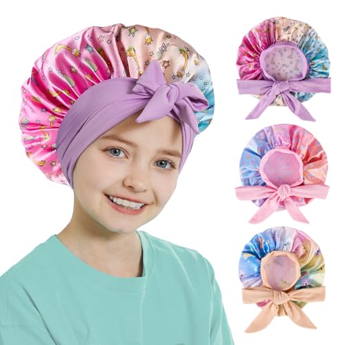 3 PCS Kids Bonnets for Girls,Kids Hair Bonnet,Silk Bonnet for Kid Sleeping,Cute Printed Silk lace up Children's Nightcap,A Sleeping Cap Suitable for Teenagers and Young Children