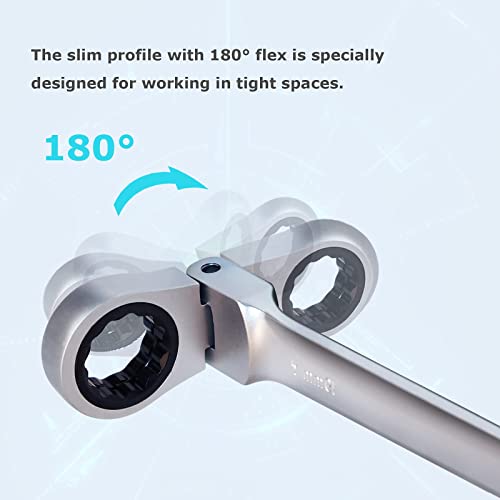 Loschen 180°Flex-Head Ratcheting Combination Wrench Set 7-In-1 Double Box End Ratchet Spanner With 8, 10, 12, 13,14,17,19Mm, Metric Wrench With 72 Teeth Made Of Chrome-Plated Cv Steel #TOP4
