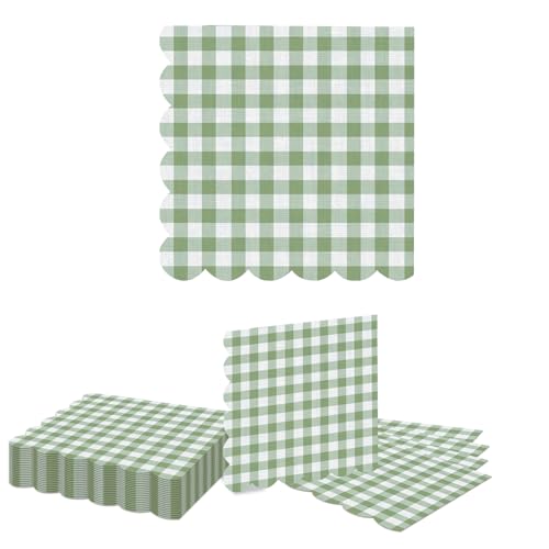 Kotkiddy 20 Unidades de servilletas de Cuadros Verdes, servilletas Desechables Verde Salvia con Borde Ondulado para Fiestas de bebé, cóctel, Picnic, Boda