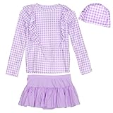 [Teddy] キッズ 水着 女の子 セパレート 長袖ラッシュガード スカート スイムキャップ 3点セット kids442 (150cm, パープル)