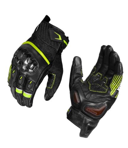 Image of Rynox Tornado Pro 5 Gloves | Semi-Gauntlet Motorcycle Riding Gloves with Carbon Fiber Protectors, Fast-R Palm Sliders | D3O Impact Foam and Touchscreen Compatibility - Black Hi Viz Green, Small