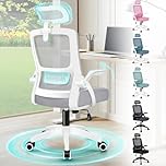 ELFORDSON Ergonomic Office Chair, Mesh Desk Chairs with Headrest Lumbar Support, Executive Computer Swivel Chairs with Flip-up Armrests, Comfy Seat, Height Adjustable, Rocking for Home, White & Grey