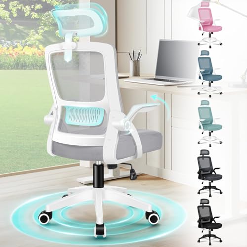 ELFORDSON Ergonomic Office Chair Mesh Desk Chairs with Headrest Lumbar Support Executive Computer Swivel Chairs with Flip-up Armrests Comfy Seat Height Adjustable Rocking for Home White & Grey