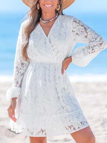 Image of CUPSHE Women Elegant V Neck Lace Peasant Sleeve Mini Summer Dress Elastic High Waist A Line Casual Wedding Guest Dress