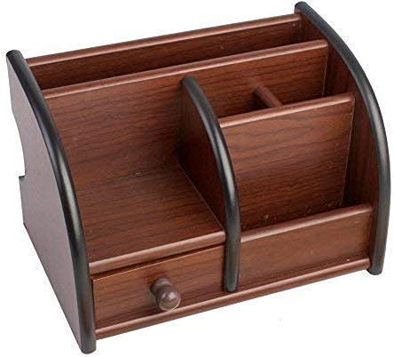 Image of Wooden Barrel Desk Organiser, Brown Polished Wood, Vintage Design, Freestanding Pen Holder with Compartments, 8x8x9 cm