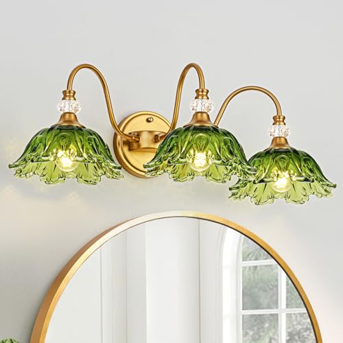 Image of Vintage Bathroom Vanity Light, 3-Light Matte Brass Finish Vanity Light with Floral Green Glass Shades, Retro Wall Sconce for Bathroom, Dressing Table