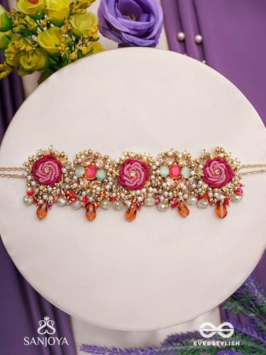 Image of SANJOYA BY EVERSTYLISH Gulratna Jewel Of Roses Handcrafted Rose Choker With Beaded Fringes, Pearls And Gem Details Lightweight Jewelry For Women | Party, Festive, Wedding & Gifting