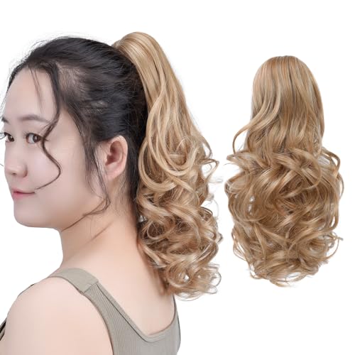 SYXLCYGG Clip Ponytail Wavy 14" 4.5 OZ Claw Golden Brown Mix Pale Blonde