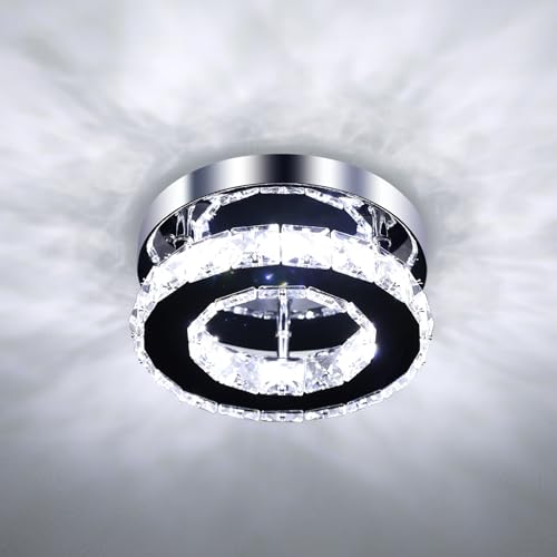 DELIPOP Modern LED Ceiling Light, 12W Mini Crystal Chandelier Flush, Led Ceiling Lamp Finish Chrome, Crystal Pendant for Bedroom, Kitchen, Living Room, Hallway, Dining Room, Cool White 6500K