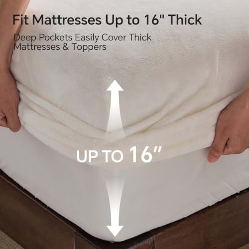 Image of BEDELITE Flannel Full Fitted Sheet & Pillowcases Set, White, 3 Pieces | Ultra Soft Plush Fleece Bed Sheet with Elastic Corner Straps, 16 Inch Deep Pocket, Fuzzy All-Season Gift & Room Decor