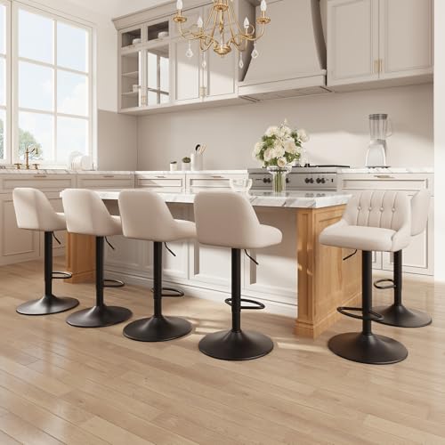 Image of MALOL Bar Stools Set of 6, Swivel Bar Chairs, Modern Adjustable PU Leather Upholstered Barstools Counter Height with Tufted Back for Bar, Kitchen Counter Island, Dining Room, Beige