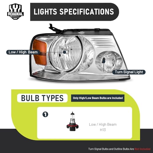 Image of Headlights for 2004-2008 Ford F150 /2006-2008 Lincoln Mark LT | Halogen Headlamp Replacement with High Low Beam Bulbs, Chrome Housing, Driver & Passenger Side