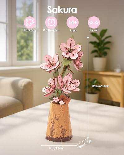 ROBOTIME 3D Holz Blumen Puzzle Sakura, Modellbausätze für Erwachsene zum Zusammenbauen, künstliche Ewige Blüten, DIY Bastelset… – Ansicht 2