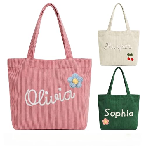 Bolso Tote de Pana Personalizado para Mujer con Flor y Cierre miniatura 1
