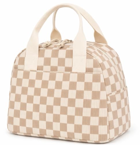 LOVELYWIND Lunch Box for Women, Insulated Lunch Bag,Beige Checkered Tote 9L