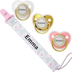 4 piezas, chupete personalizado con nombre, clip para chupete personalizado, regalo para bebés para niños y niñas recién nacidos, accesorios para chupete con purpurina con nombre (0-6 meses) (Pink)