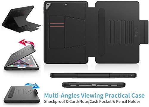 SEYMAC stock Case for iPad 6th/5th Generation/Air 2 / Pro 9.7'', Magnetic Auto Sleep/Wake Smart Cover with [Multi-angles Stand] Pencil Holder & Card Slot Feature for iPad 9.7 Inch 2018/2017, Black