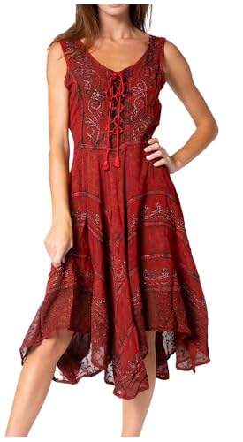 Image of Sakkas Sundara Stonewashed Rayon Embroidered Mid Length Dress
