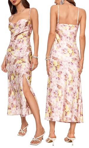 Image of Wedding Guest Dress for Women Spaghetti Strap Satin Slip Dresses | Slit Midi Dress, Cowl Neck, Cocktail, Formal, Evening Party