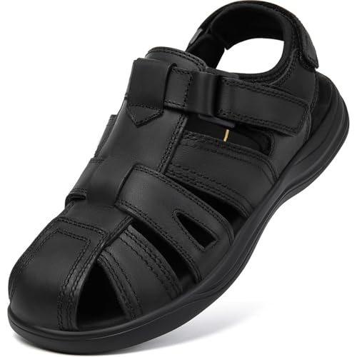 Image of Men's Sport Sandals Closed Toe Leather Hiking Athletic Walking Outdoor Beach Trail River Fishing Water Shoes Lightweight Comfortable Waterproof