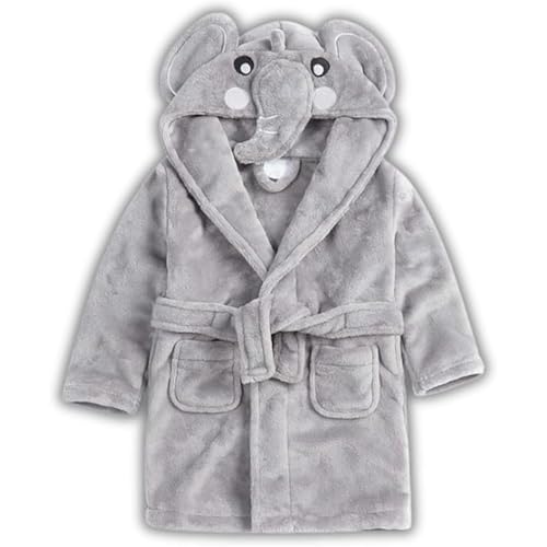 Bamu Baby Town Boys Girls Unisex Soft Plush Fleece Hooded Bath Robe Dressing Gown Sizes 6-12 12-18 18-24 Months (6-12 Months, Elephant-Grey)