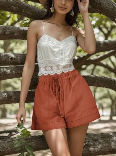 Basoteeuo Womens Shorts Summer Comfy Cotton Elastic Waist Drawstring Casual Shorts with Pockets - Image 5