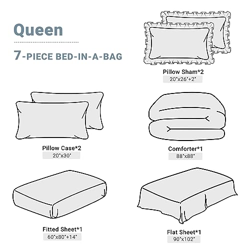 JOLLYVOGUE Queen Comforter Set 7 Pieces, Light Blue/Ivory Bed in a Bag Comforter Set for Bedroom, Bedding Comforter Sets with Comforter, Sheets,Ruffled Shams & Pillowcases