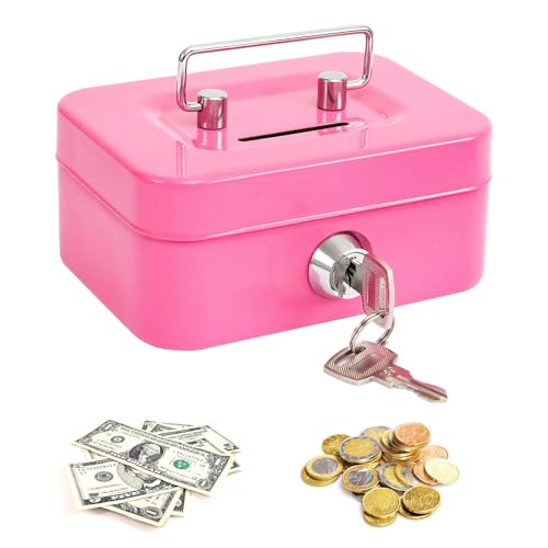 Spetsbst Geldkassette Abschließbar Klein Kasse mit Schlüssel und Schlitz, Spardose aus Stahl, Geldkassette Kinder (Rosa)