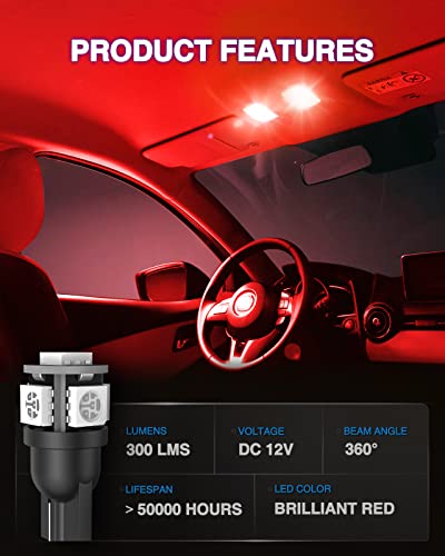 Image of Marsauto 194 LED Light Bulbs Red,T10 168 2825 5SMD Replacement bulbs for License Plate Lights Lamp, Courtesy Dome Map Door Dashboard Instrument Lights, Super Bright Pack of 10