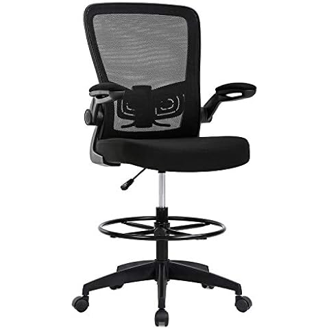 Drafting Chair Tall Office Chair Adjustable Height with Lumbar Support Flip Up Arms Footrest Mid Back Task Mesh Desk Chair Computer Chair Drafting Stool for Standing Desk, Black Cover