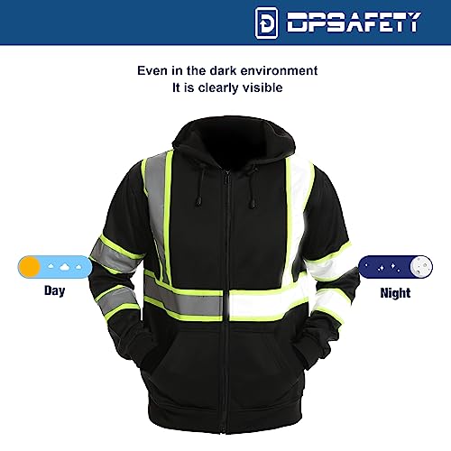 High visibility Hoodie for Men Class3,Hi Vis Hoodie with Zipper,Reflective Hooded Hood,Construction work Safety Sweatshirt with Large front Pocket for Men/Women BLACK,4XL3