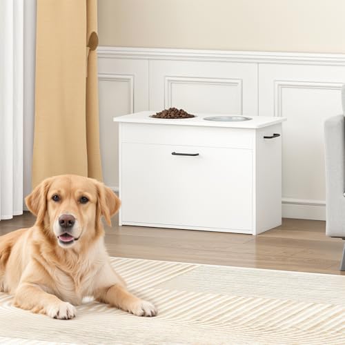 Hundenapf Erhöht Große Hunde, Weißer Futterschrank mit 2 Edelstahlnäpfen, Futterstation Hund mit Stauraum und 3 Griffen, Erhöhter Futternapf Hund, Hundebar Mittelgroße Hunde, 60x30x41cm