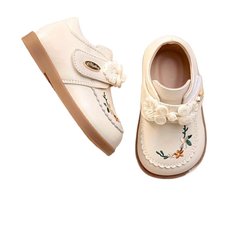Adorable Embroidered Mary Jane Shoes for Baby Girls - Soft Sole, Non-Slip, Perfect for First Walkers & Toddlers - Ideal for Spring, Fall & Winter (Beige,6)