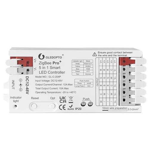 GLEDOPTO ZigBee3.0 LED Controller Pro Smart Home 5 in 1 RGBCCT RGBW RGB CCT WWCW Dimmer DC 12-48V 15A Max PWM Dimming Analog LED Strip Light Work with Hub Bridge Alexa Conbee etc (Hub Required)