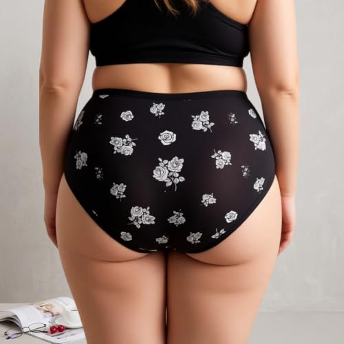 Image of Womens Underwear XL-5XL Plus Size Ladies Panties Mid High Waist Briefs for Woman Floral Print Pantys 6-Pack