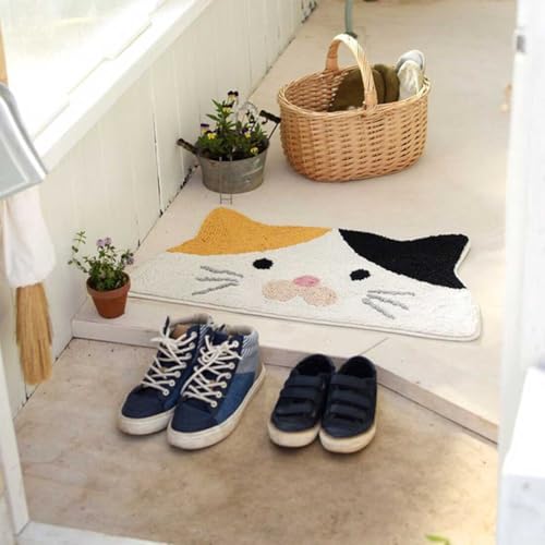Neko Friend 室内マット 玄関マット 足ふきマット バスマット 室内用 玄関 洗面所 子ども部屋 動物 アニマル 洗面台前 玄関用ラグ セミサークル ミケネコ 35×70cm [2]