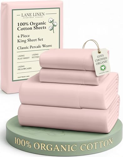 Image of LANE LINEN 100% Organic Cotton King Size Sheets Set, Machine Washable Fully Elasticized Low Pill Fade Resistant Cotton Sheets, Soft & Comfy Percale Eco Friendly All Season sabanas King -Sepia Rose