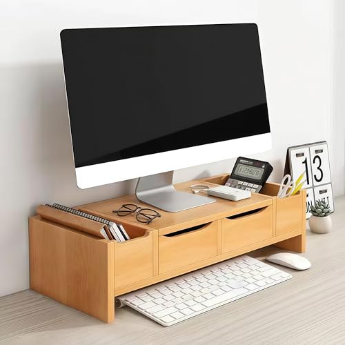 Supporto salvaspazio in legno per monitor con cassetto a 2 livelli per computer a schermo piatto, TV a schermo piatto, casa, ufficio e configurazione di gioco; rialzo ergonomico per una migliore
