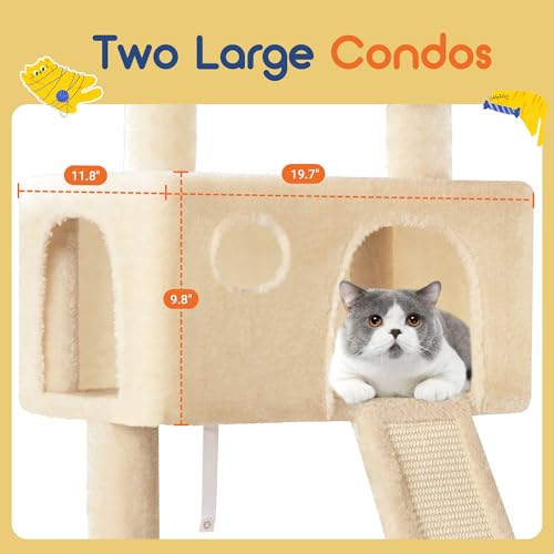 Image of Allewie 65in Multi-Level Tall Cat Tree for Indoor Kitties /Larger Tower with Wide Base /Cozy Plush ‌Pussycat Perches /Cat Condo with Hammock /Sisal Scratching Posts /Beige