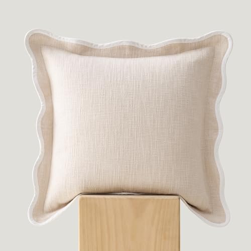 Double Stitch Scalloped Throw Pillow Covers - 100% Cotton Decorative Boho Pillow Covers 20 x 20, Made in India, Square Cushion Case, Modern Home Decor for Couch Sofa Living Room, Oat Milk
